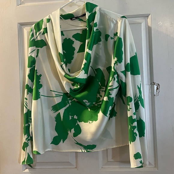 Zara Tops - Zara Green and White Floral Drape Top